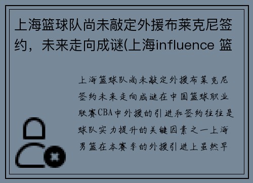 上海篮球队尚未敲定外援布莱克尼签约，未来走向成谜(上海influence 篮球队)