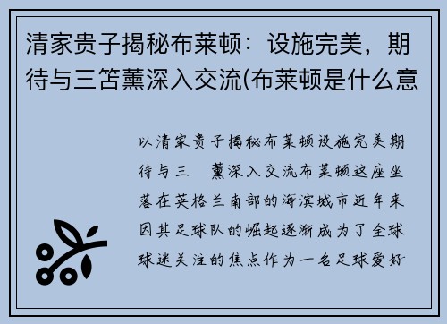 清家贵子揭秘布莱顿：设施完美，期待与三笘薰深入交流(布莱顿是什么意思)