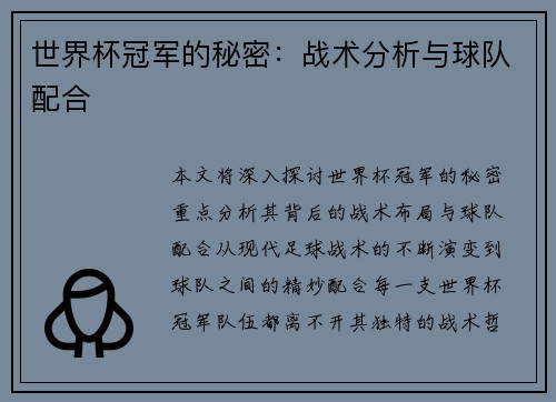 世界杯冠军的秘密：战术分析与球队配合