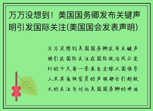万万没想到！美国国务卿发布关键声明引发国际关注(美国国会发表声明)