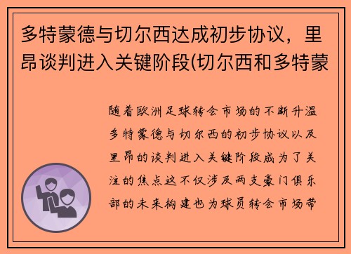 多特蒙德与切尔西达成初步协议，里昂谈判进入关键阶段(切尔西和多特蒙德交锋)
