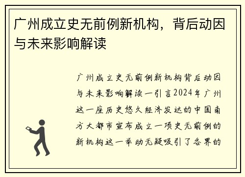 广州成立史无前例新机构，背后动因与未来影响解读