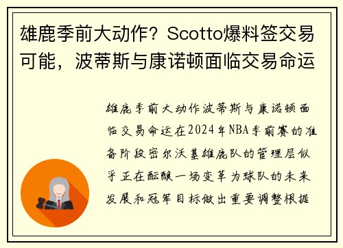 雄鹿季前大动作？Scotto爆料签交易可能，波蒂斯与康诺顿面临交易命运