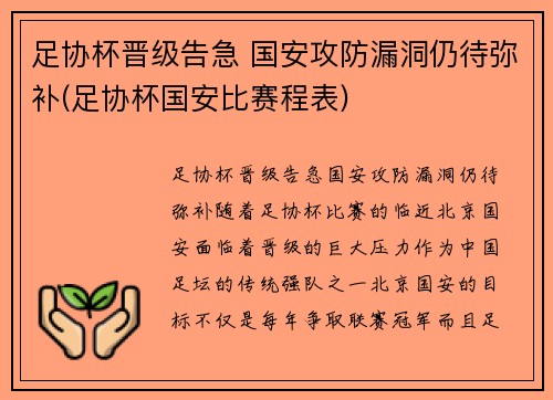 足协杯晋级告急 国安攻防漏洞仍待弥补(足协杯国安比赛程表)