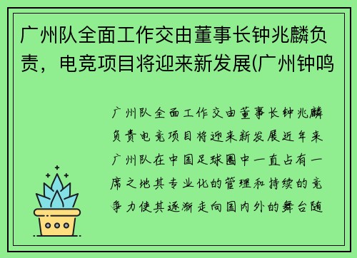 广州队全面工作交由董事长钟兆麟负责，电竞项目将迎来新发展(广州钟鸣简历)