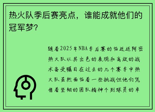 热火队季后赛亮点，谁能成就他们的冠军梦？